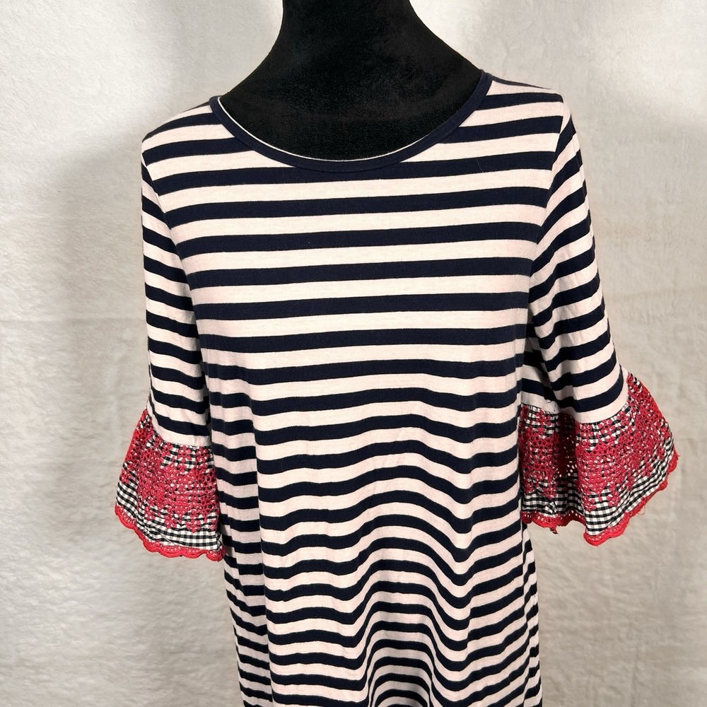 Crown And Ivy Navy Striped Tunic Dress Small Bell Sleeves Embroidered‎ Nautical